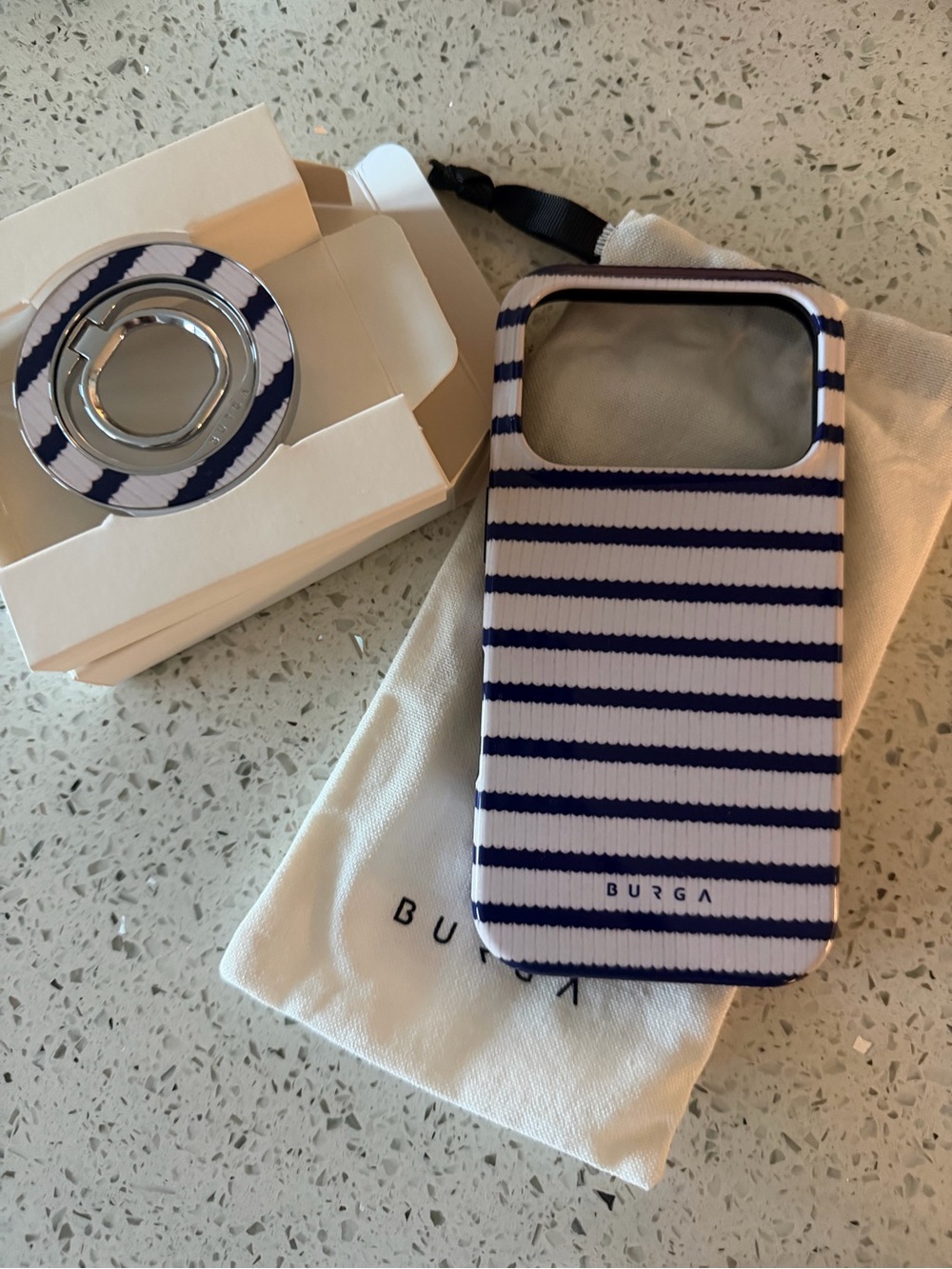Burga Navy Striped Phone Case with Matching Ring Holder - White & Navy